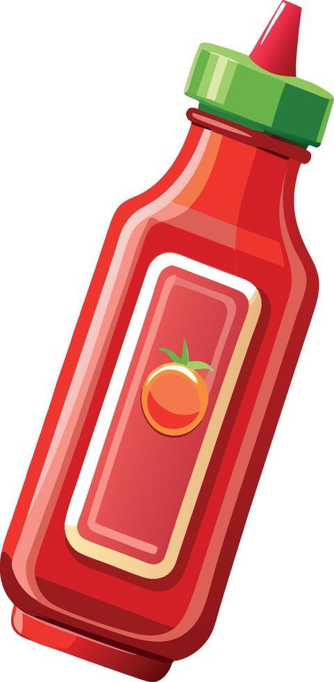 Red ketchup bottle with green cap and tomato label illustration vector