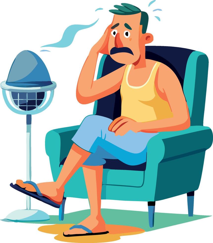 Exhausted man suffering from heatwave sweating at home vector
