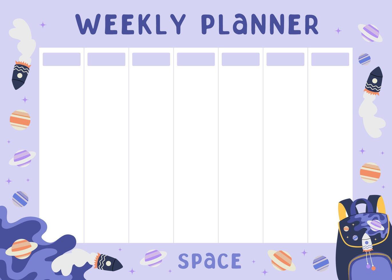 Weekly planner with Cosmic illustration. Girl and boys bag with spaceship, planet, star background. Back to school concept. Lifestyle planner for 7 days. Schedule design template. illustration. vector