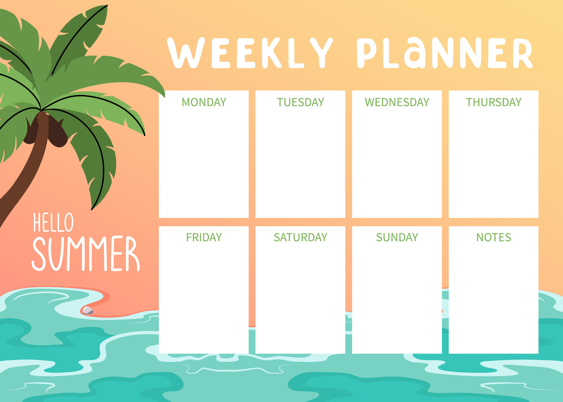 Summer Weekly planner with Ocean waves and palm trees. Tropical ...