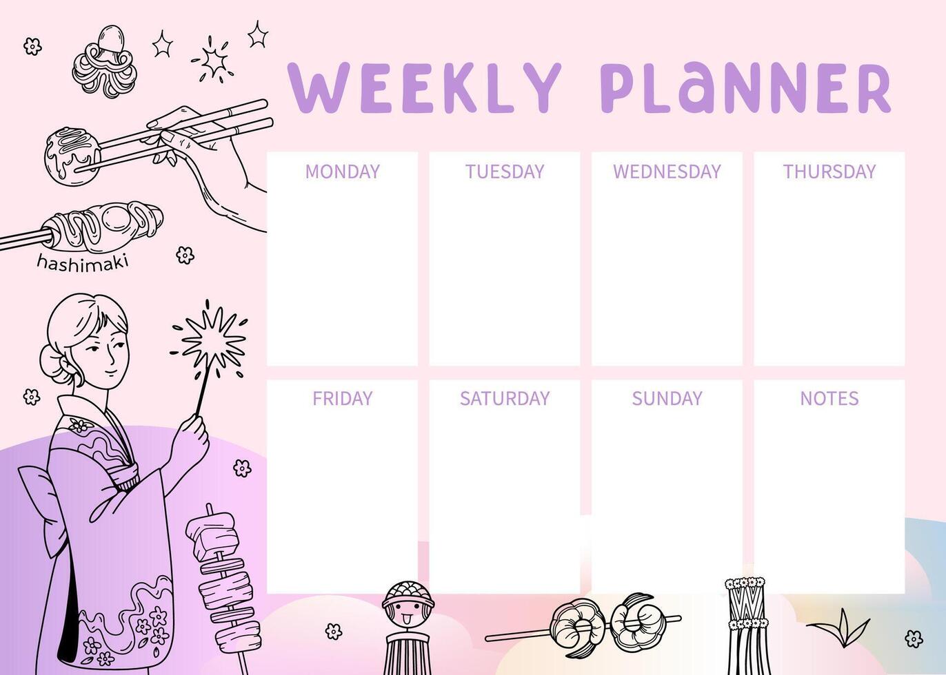 Weekly planner with Festive Japanese food, Takoyaki, yakitori hashimaki. Woman in kimono. Cute lifestyle planner is for 7 days and notes. Schedule design template. outline illustration. vector