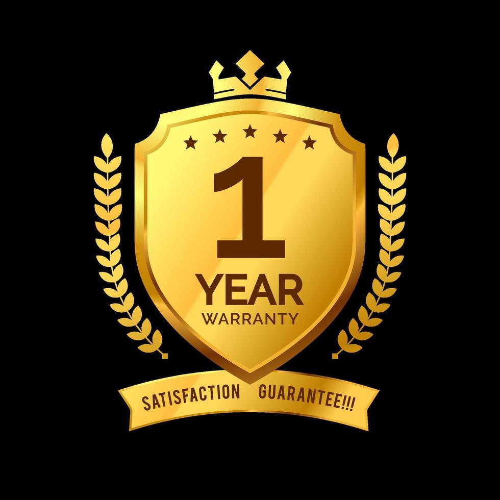 label 1 year warranty protective icon badge . design the shape of a golden shield with a king's crown. illustration eps 10 vector