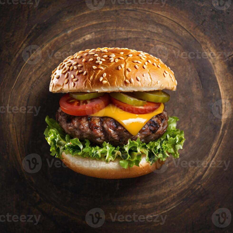 Beautiful hamburger, juicy meat, clean vegetables, oozing cheese, clean tomatoes. Fresh cucumbers on dark wooden plate with circular radial pattern.Photography. photo