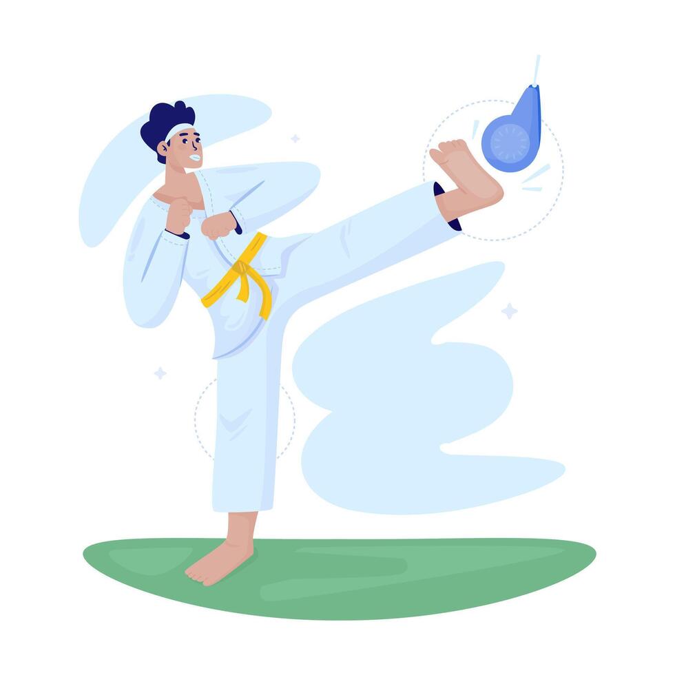 Flat design of man practicing karate with kicking target vector