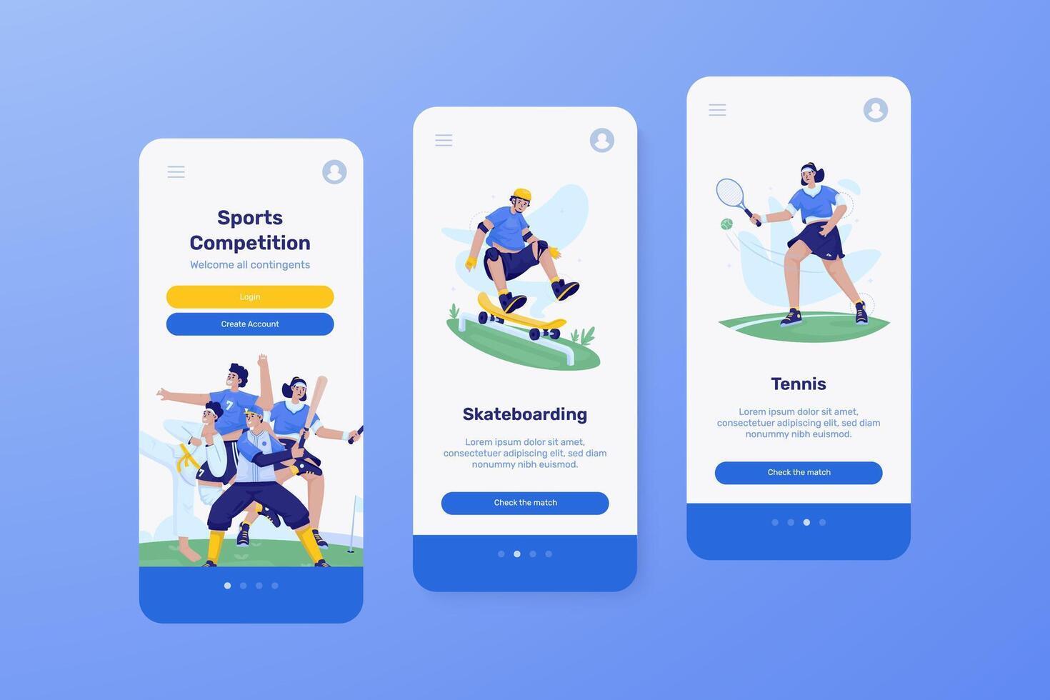 Sports competition illustration on ui mobile app onboard screen template vector