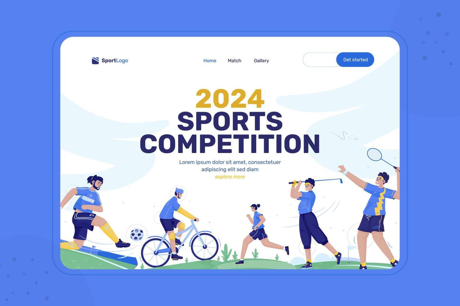 Illustration of sports games competitions on landing page design vector