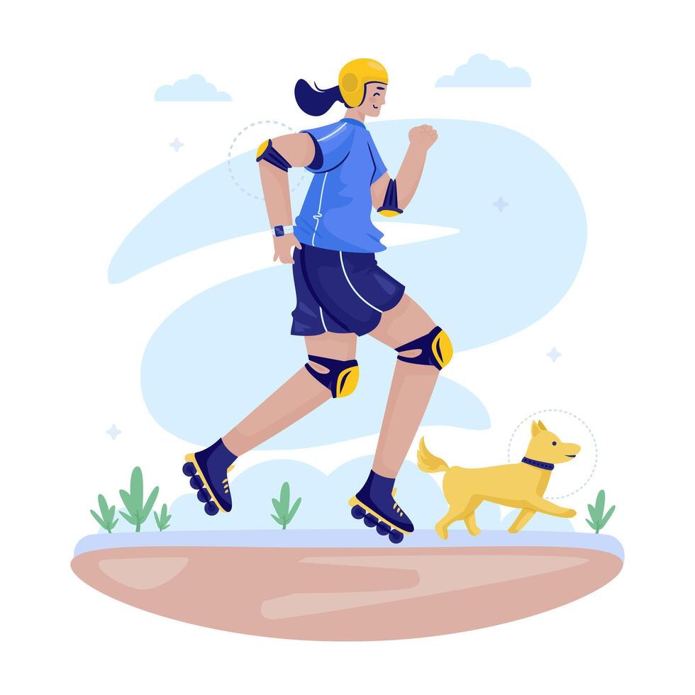 Flat design of a happy girl play roller skating with her dog vector