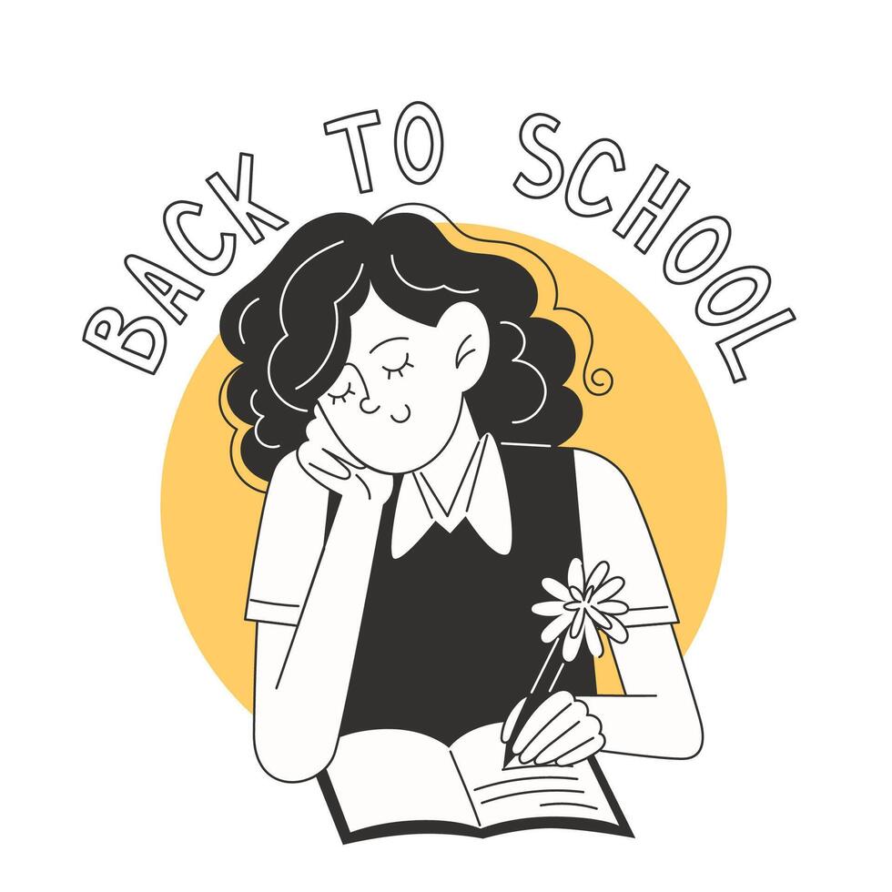 A schoolgirl writes with a fluffy pen in a notebook vector