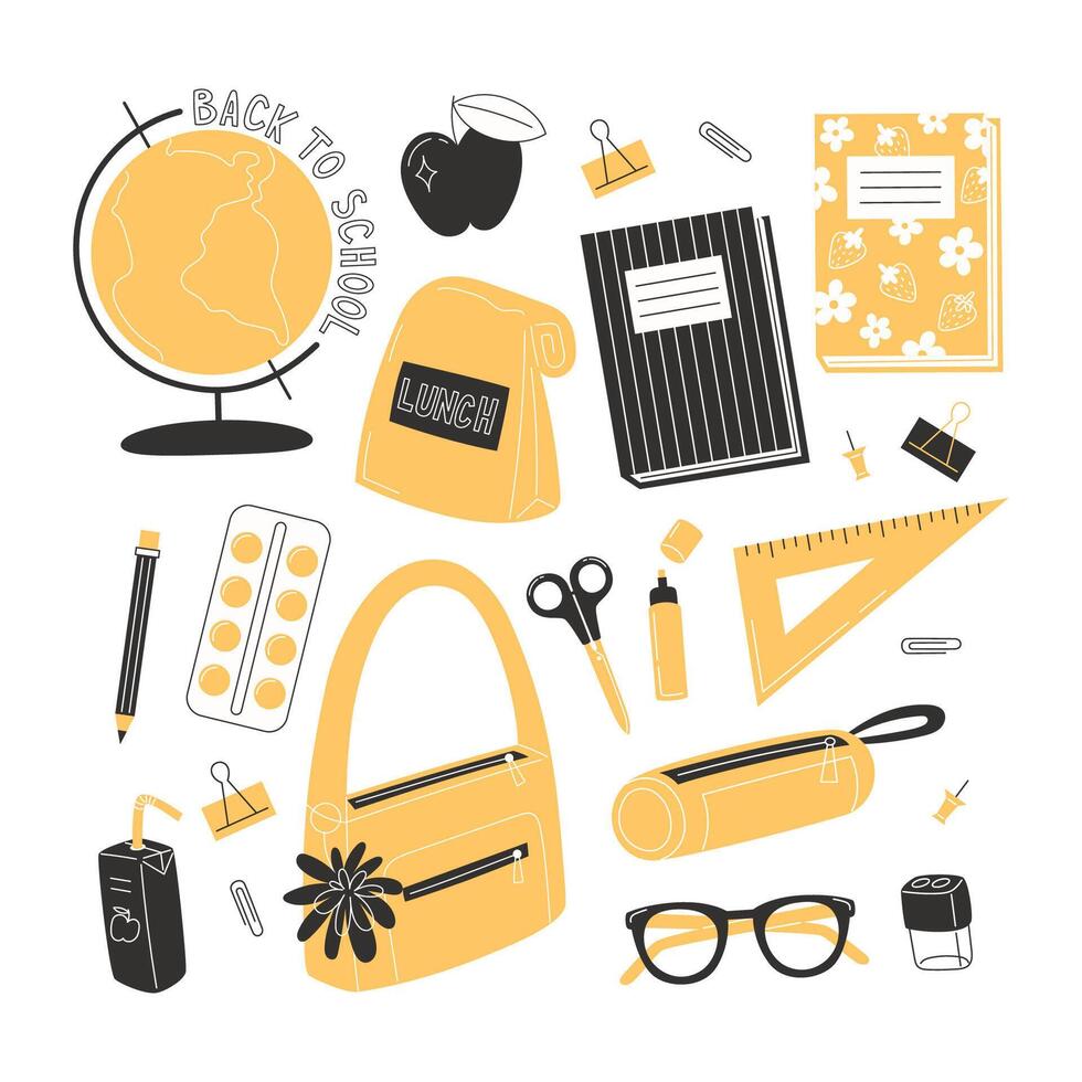 Set of cute school supplies elements in flat style vector