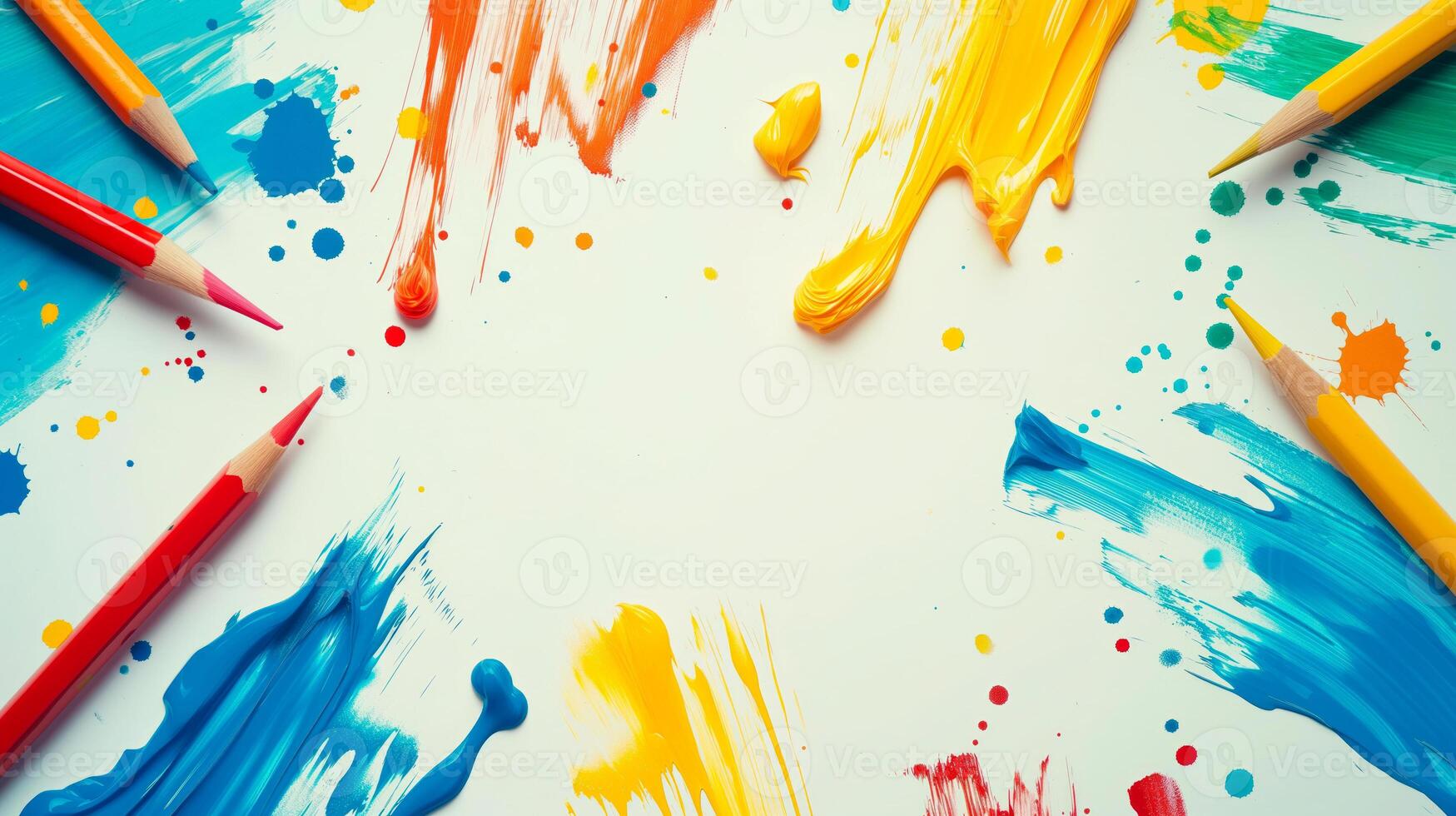Wallpaper of colorful splash paint and brushes for back to school concept. Stories for social media of abstract background for sale flyers. photo