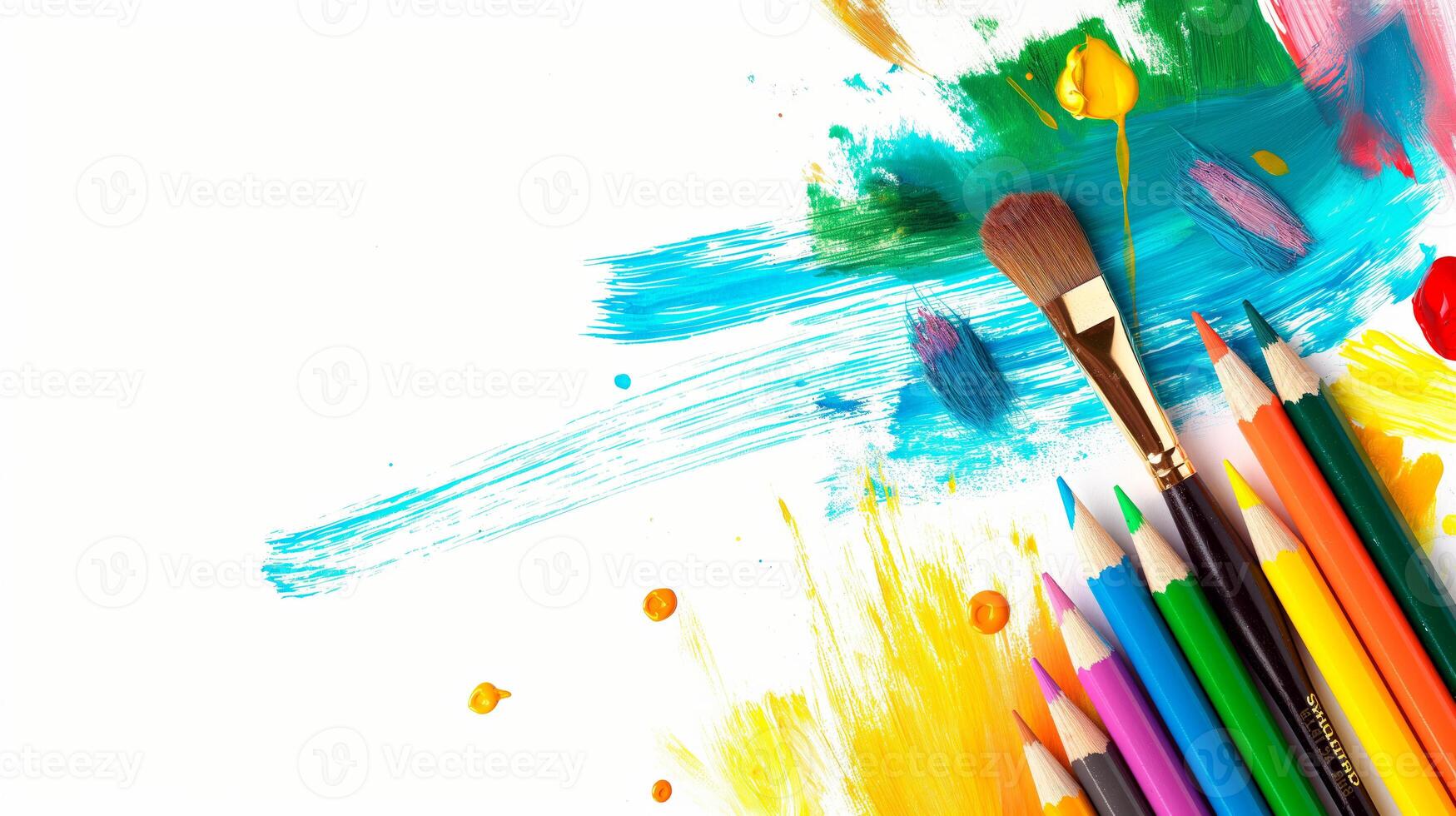 Wallpaper of colorful splash paint and brushes for back to school concept. Stories for social media of abstract background for sale flyers. photo