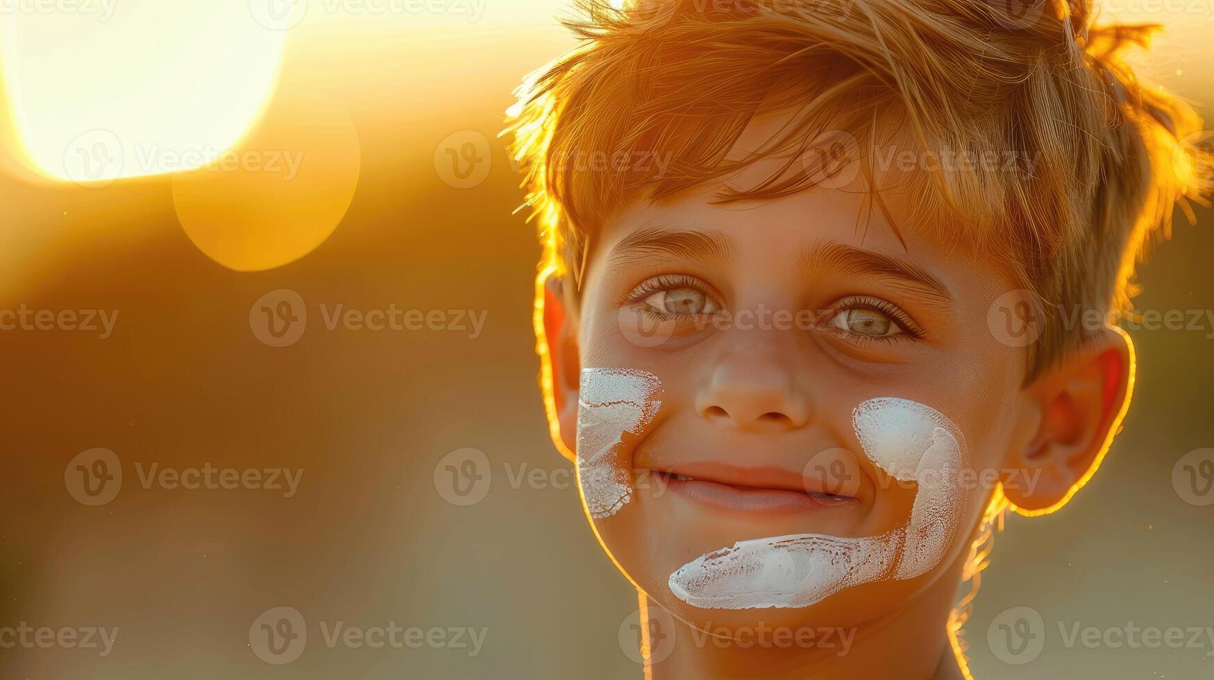 Young Boy with Sunscreen Smiling in Sunset Light photo