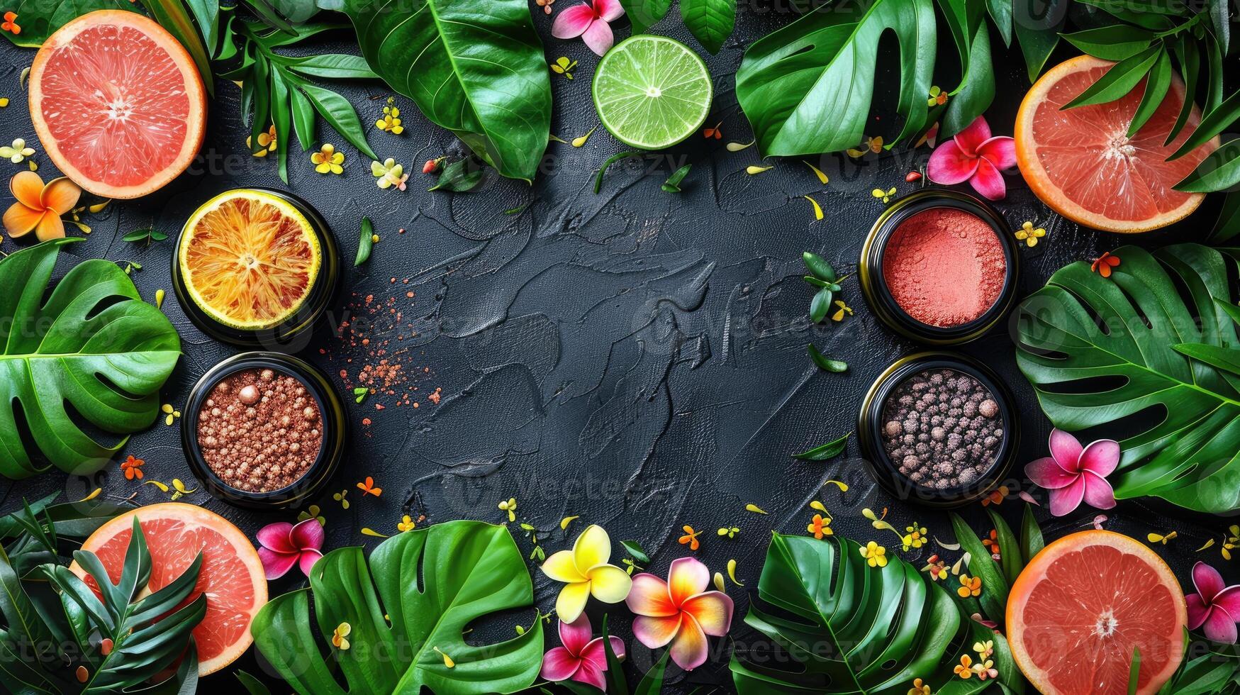 Vibrant skincare products and tropical fruits arranged in a frame photo