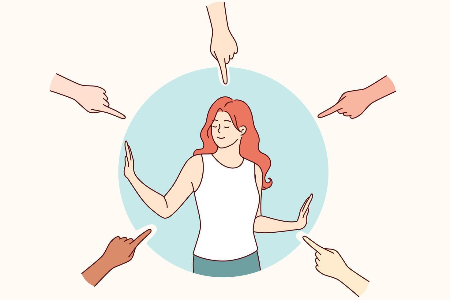 Woman protects personal boundaries and prevents people around from invading hoover space vector