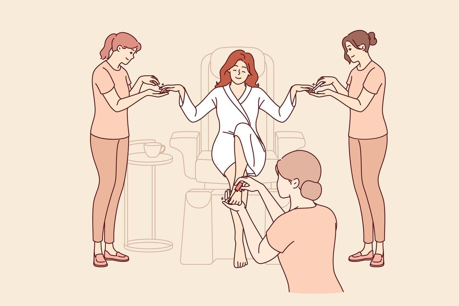 Woman visitor to SPA salon gets manicure and pedicure at same time to prepare for party or date vector