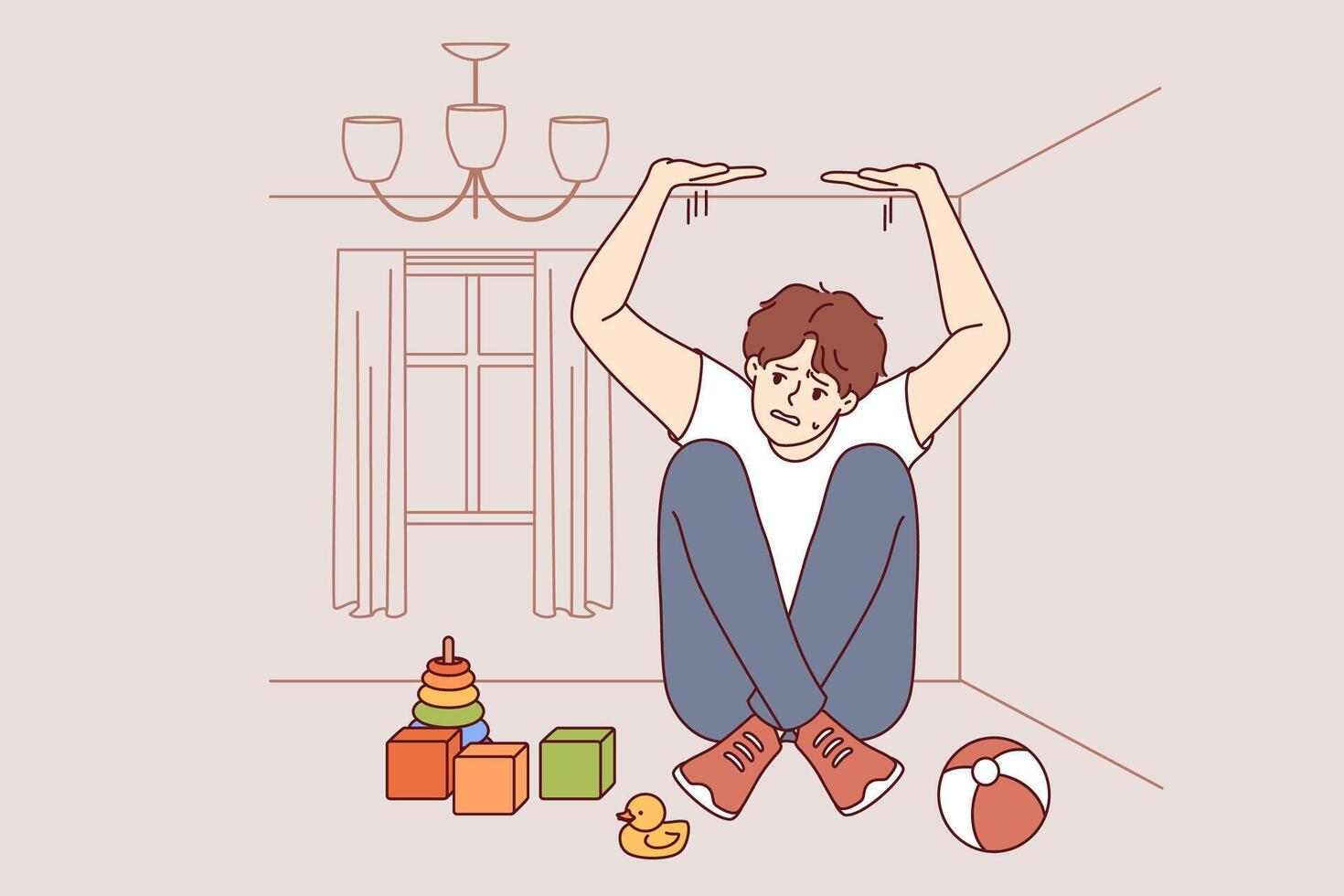 Boy suffers from claustrophobia, feeling pressure of walls and sitting in small room with toys vector