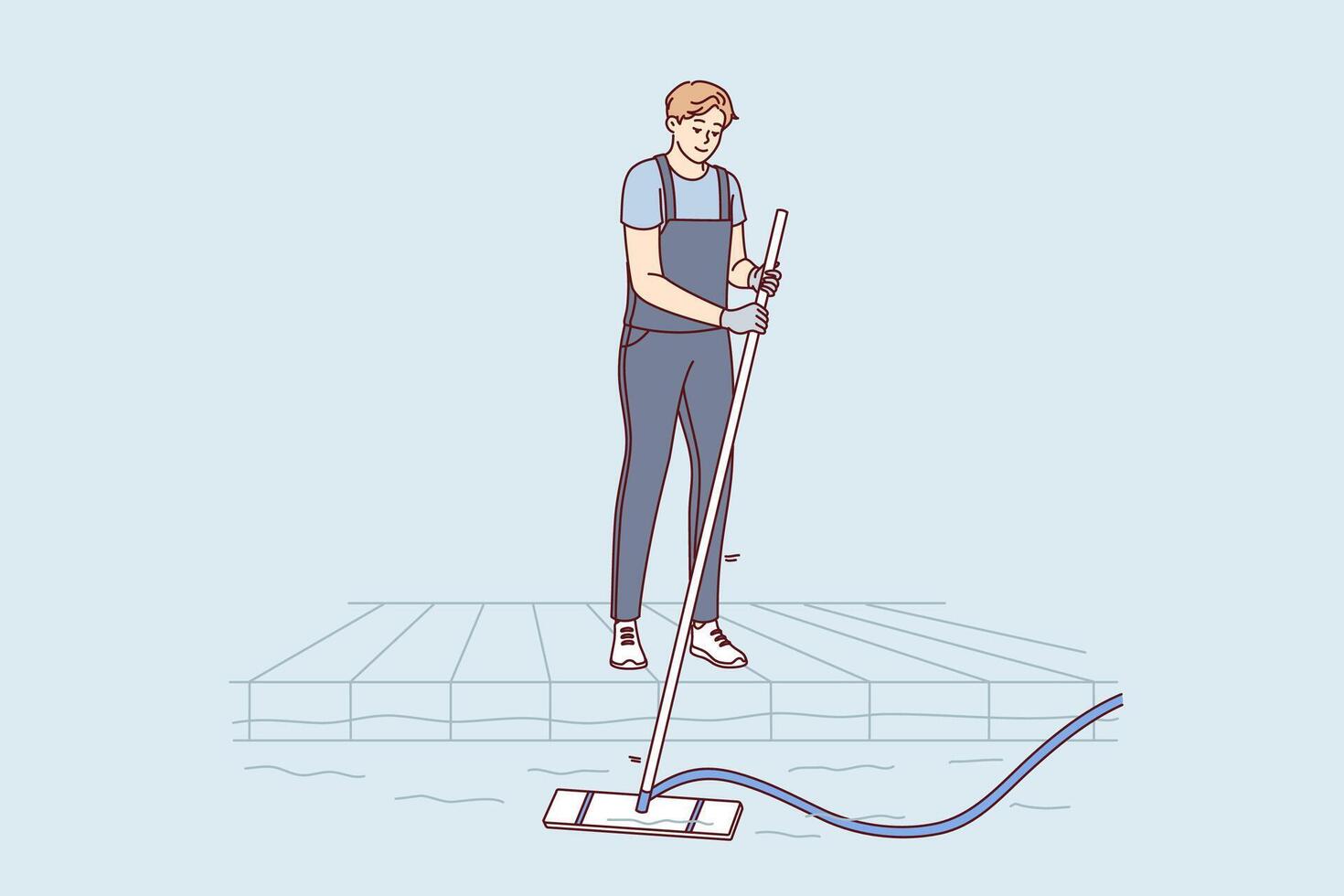 Man pool cleaner uses electric hoover with hose to suck out algae and debris from bottom vector