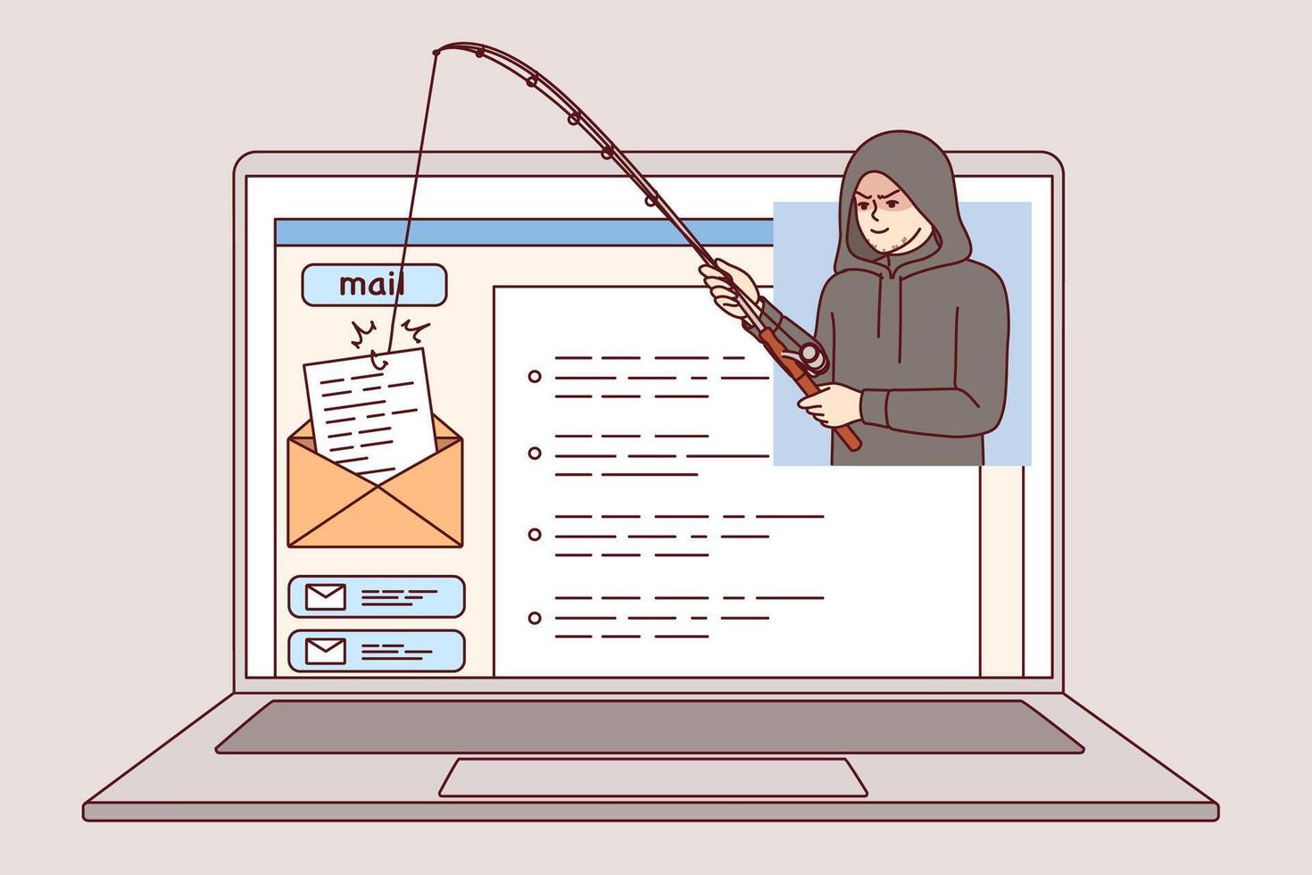 Hacker uses phishing to hack email via internet on laptop and steal confidential emails vector