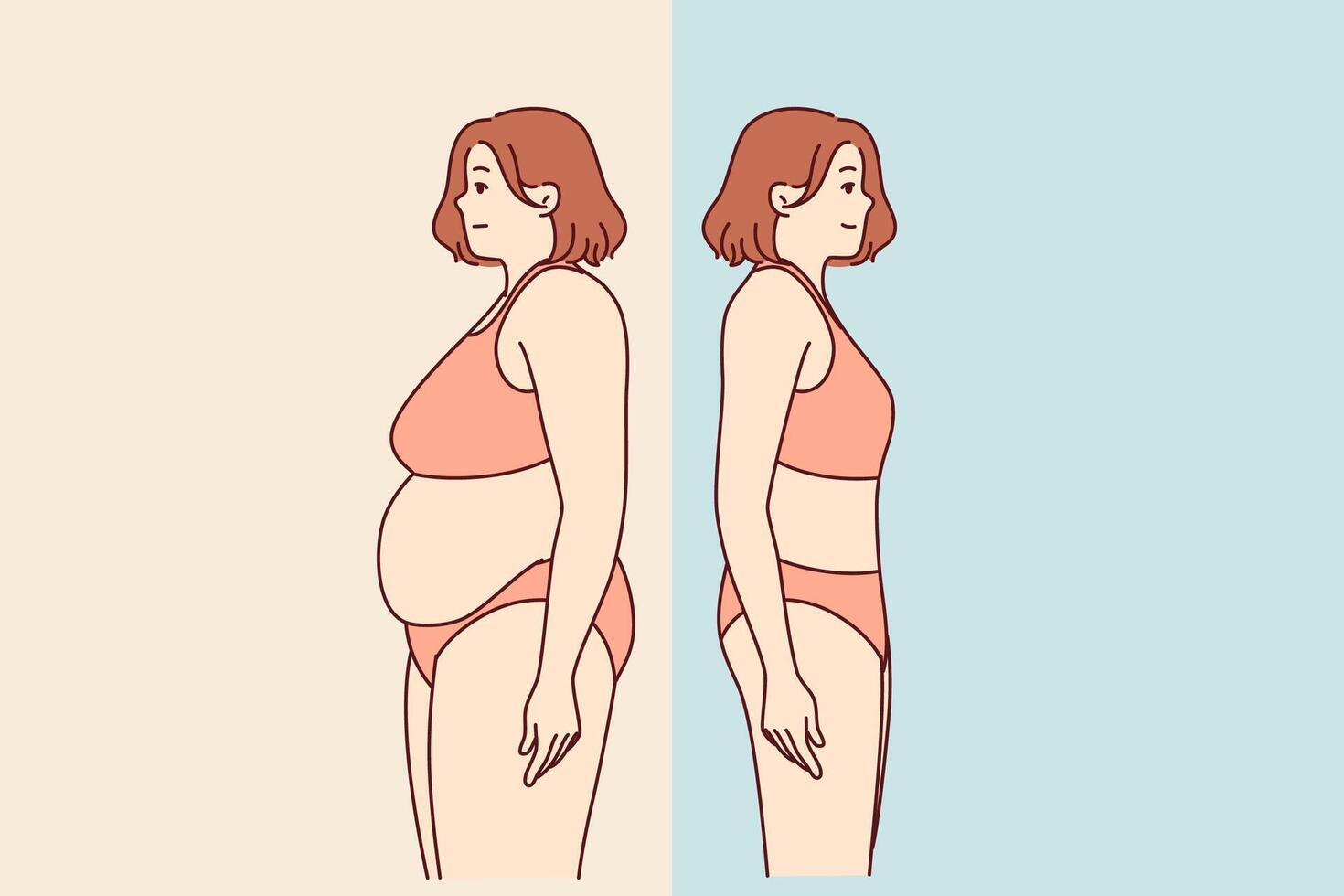 Transformation of fat woman, lost weight thanks to diet and standing in swimsuit vector
