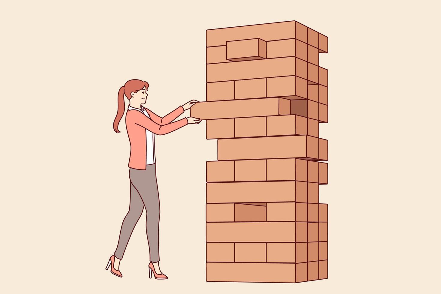 Woman plays jenga game, pulling blocks from giant tower, to develop skills equilibrium and balance vector
