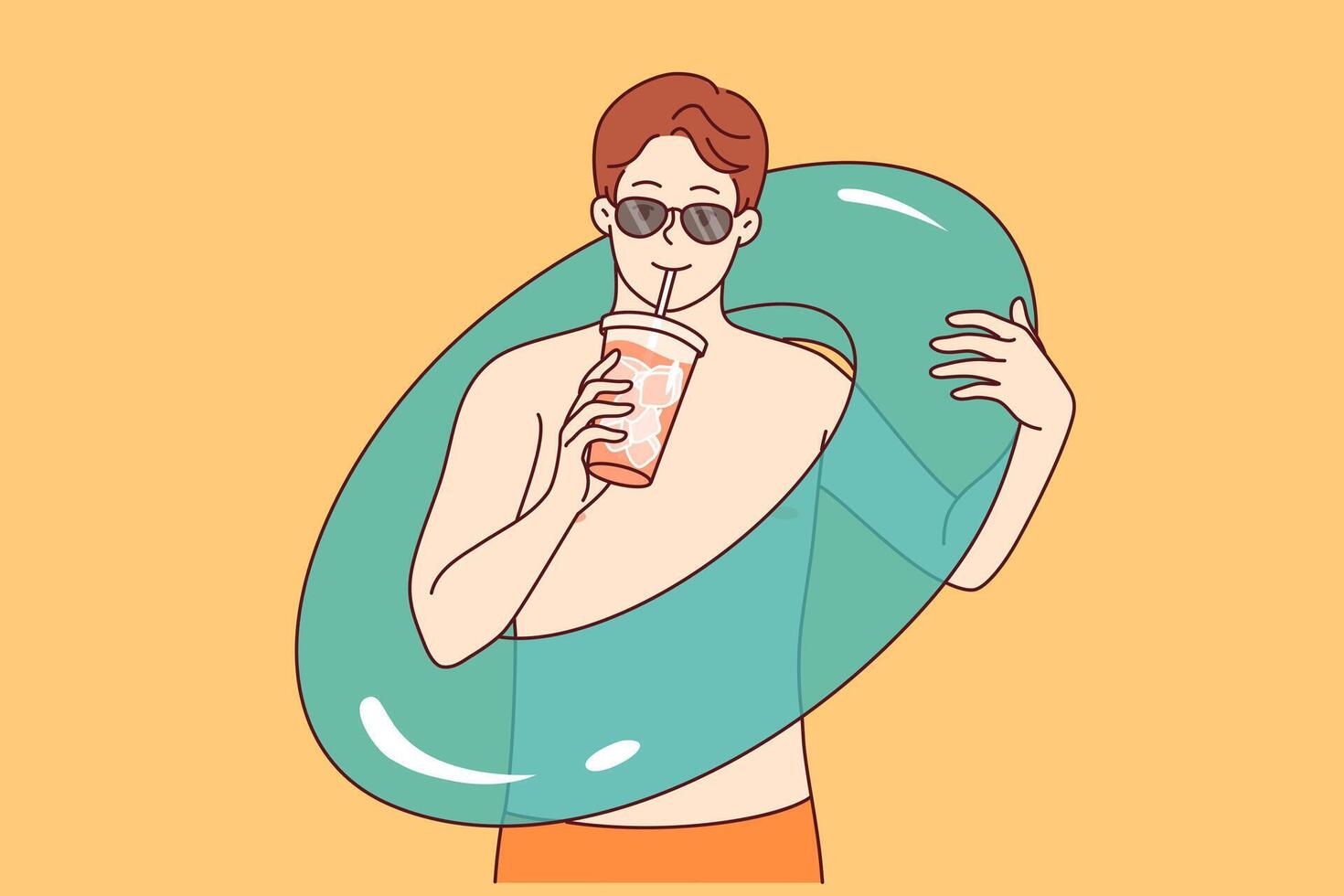 Man goes to beach and drinks cold cocktail, holding inflatable swimming ring in hand vector