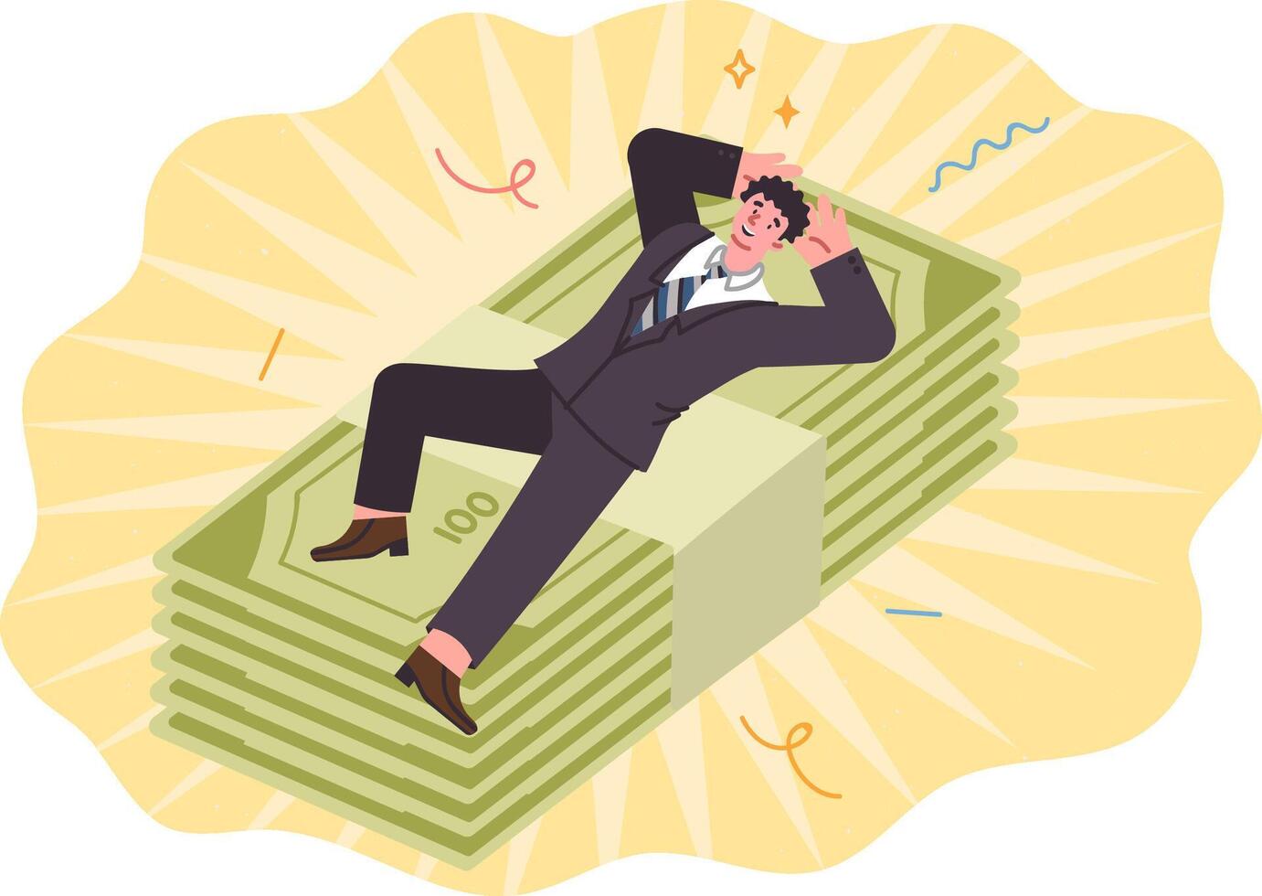 Financial pillow allows man to avoid unnecessary stress and risk, and lie on large wad of money vector