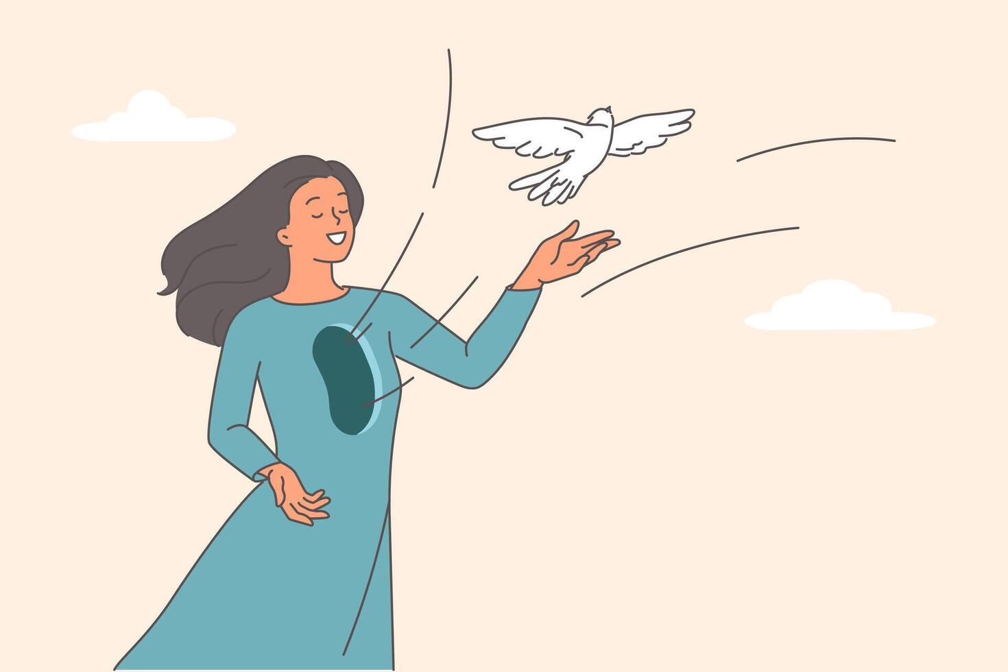 Woman releases dove from chest, demonstrating mental harmony and desire for freedom of soul vector