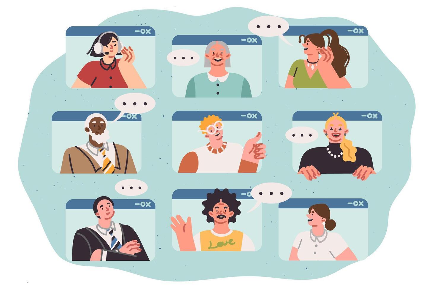 Online communication people using digital technologies for chatting, looking out of computer windows vector