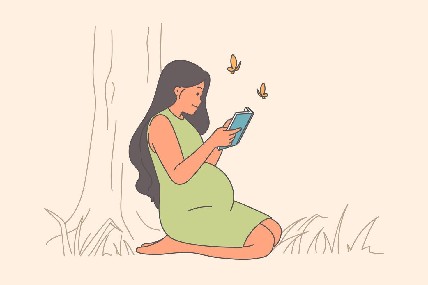 Pregnant woman reads book, sitting on lawn in park and smiles, rejoicing at imminent birth of child vector