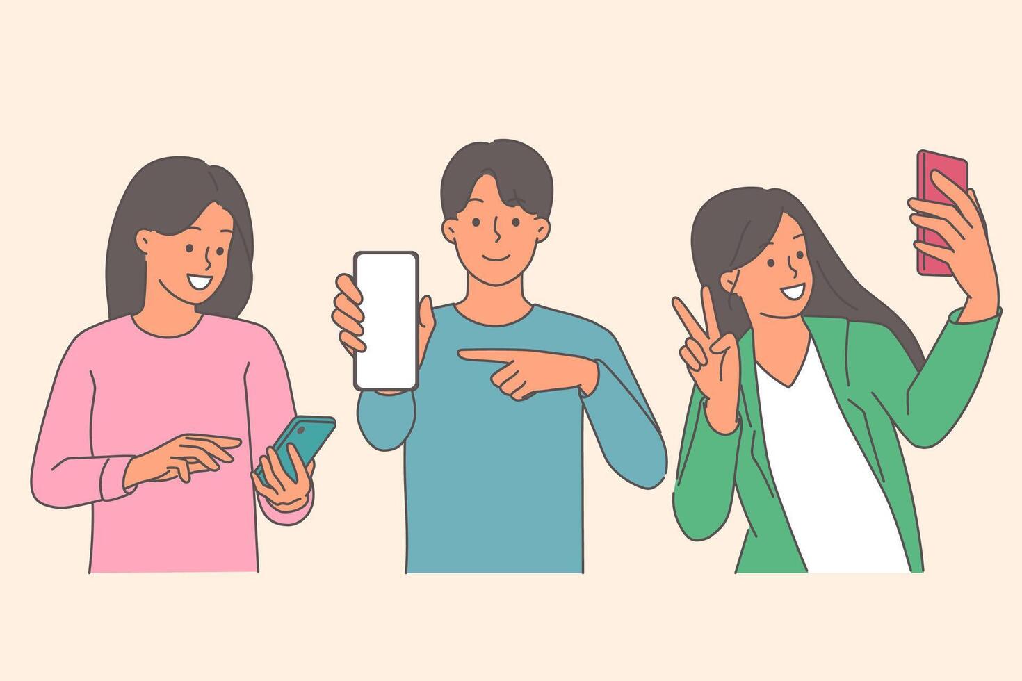 Happy teenagers use mobile gadgets and phones to surf internet or communicate on social networks vector