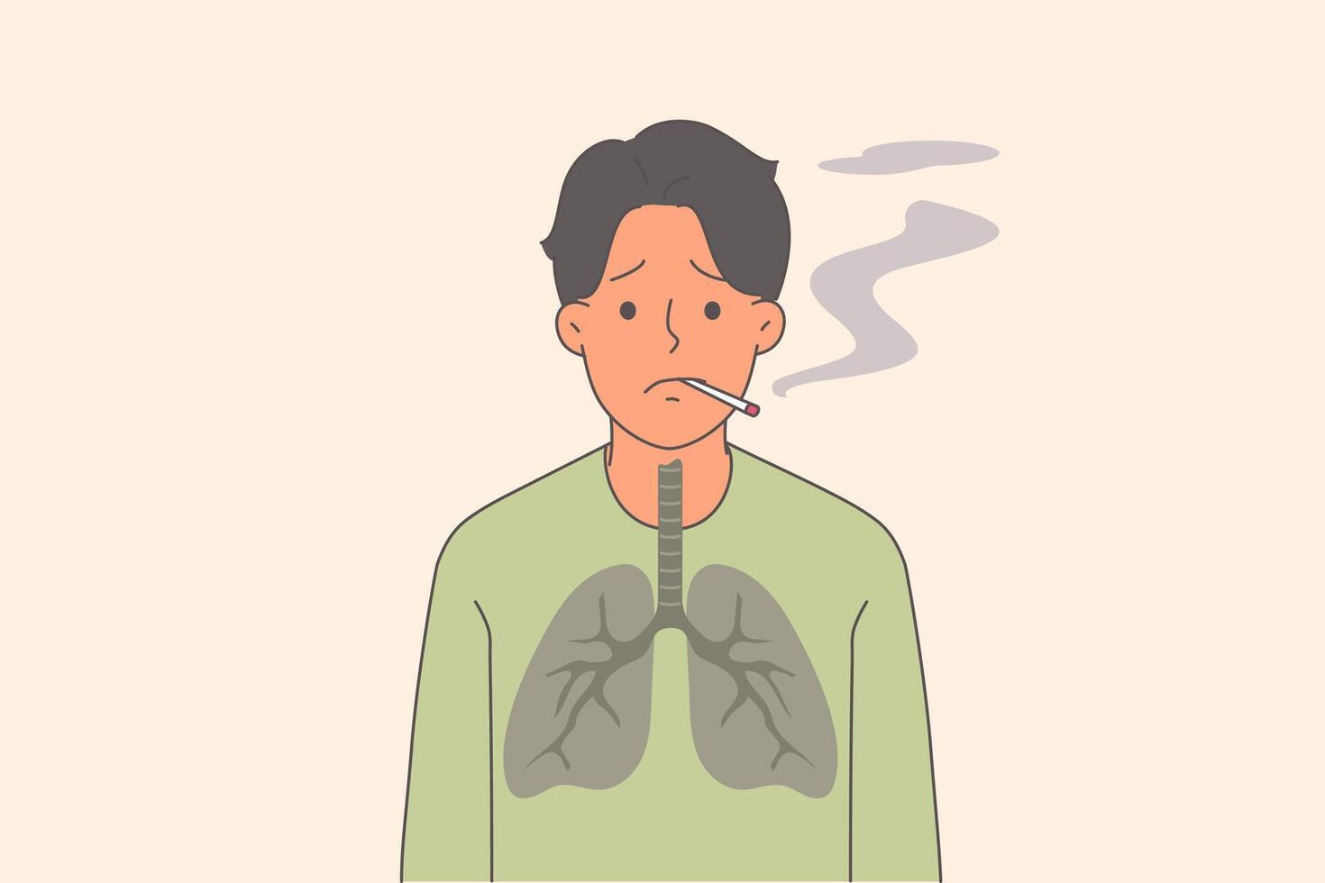 Man smoker with lung cancer suffers from nicotine addiction, stands with cigarette in mouth vector