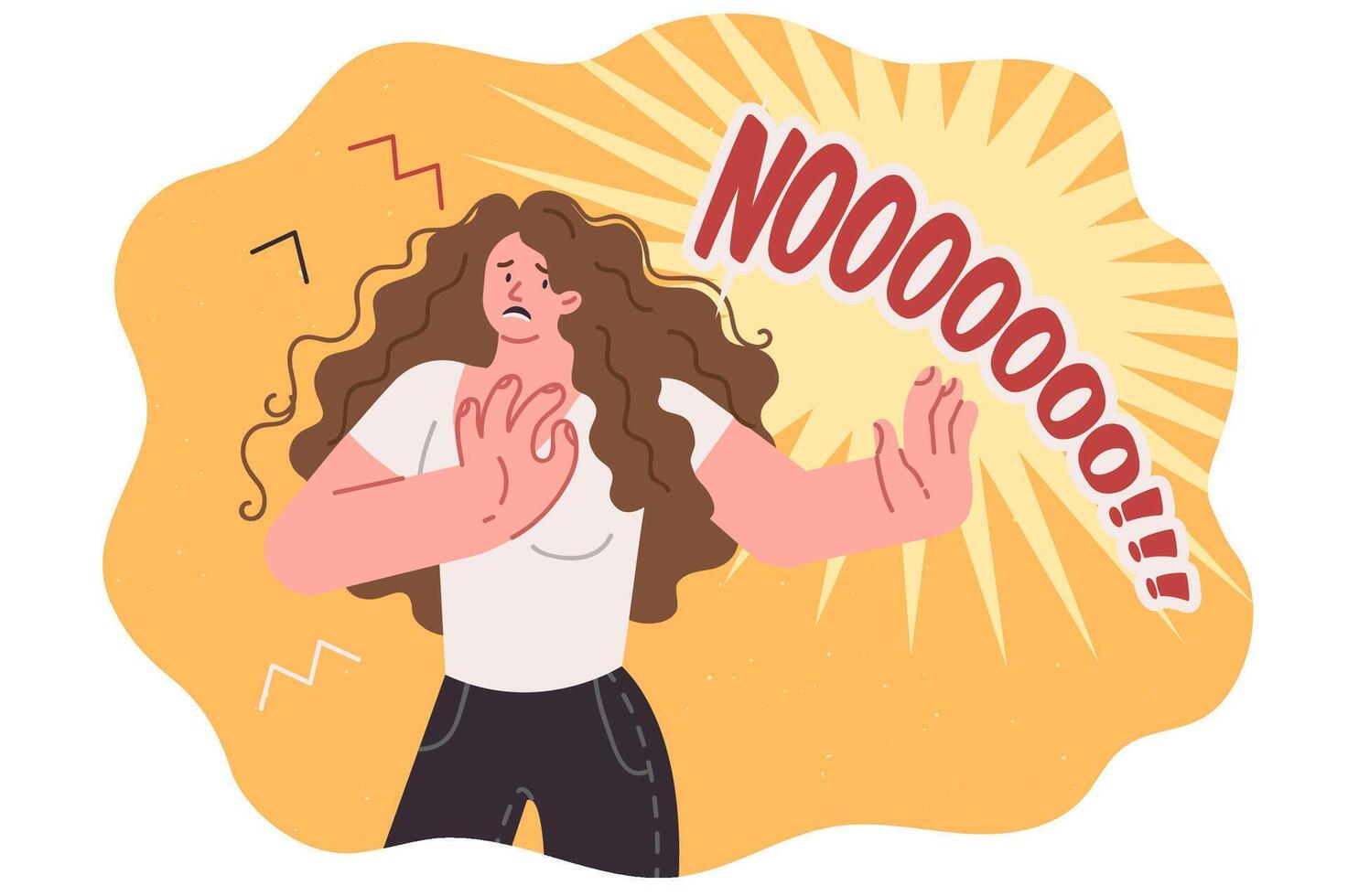 Frightened woman screams no, resisting discrimination and trying to stop unacceptable actions vector
