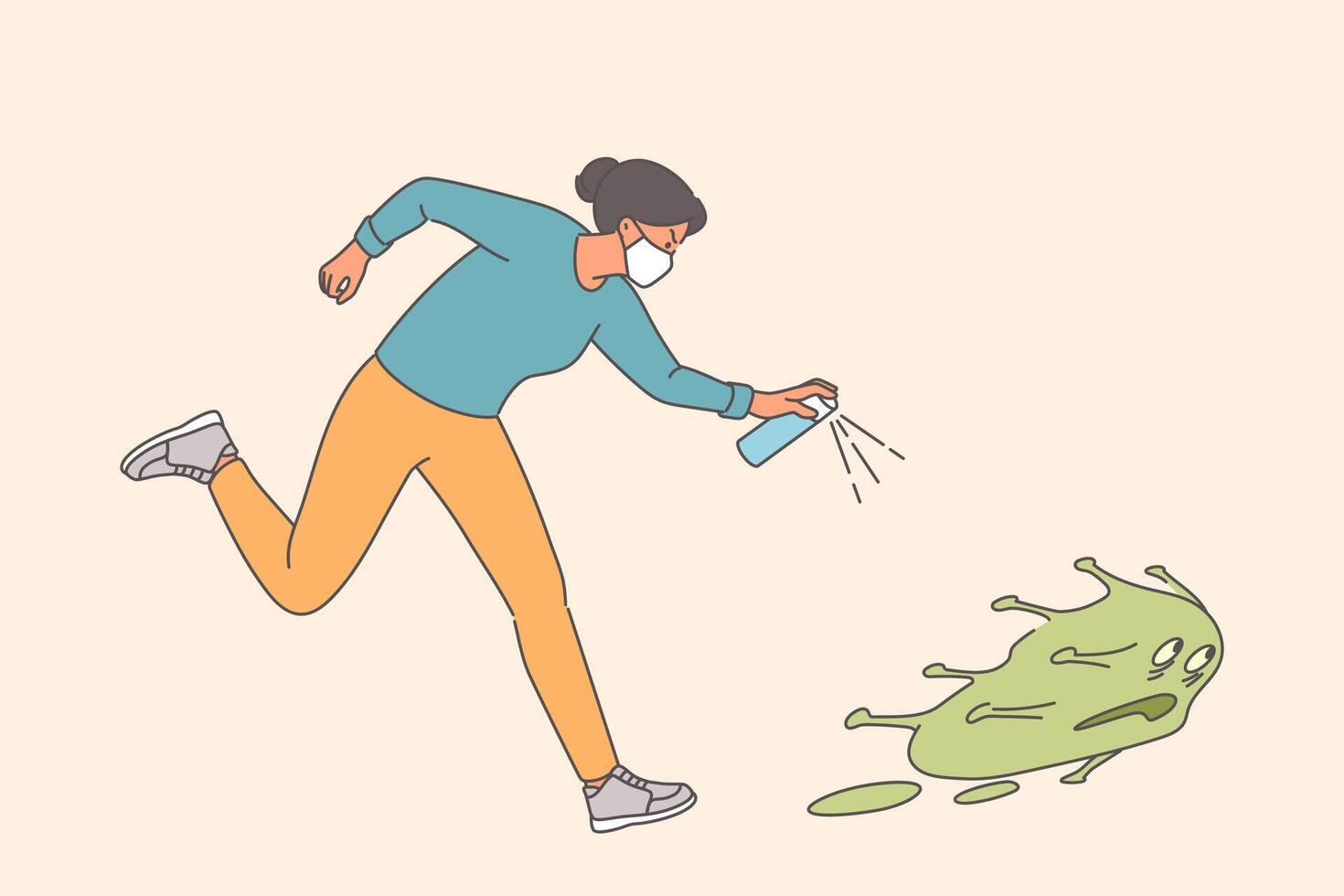 Woman with antiseptic runs after virus bacterium, destroying disease and preventing spread epidemic vector