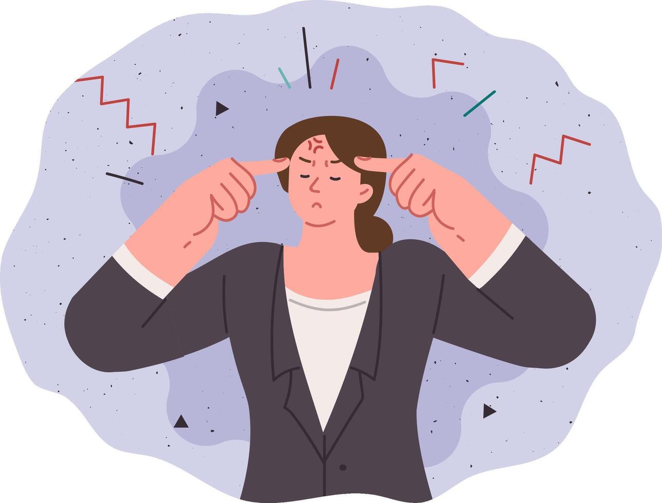 Business woman feels headache and migraine, massages temples due to much stress on brain from work vector