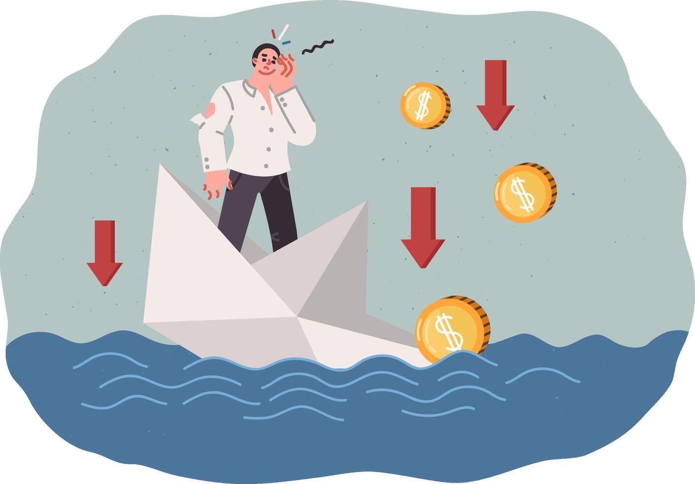 Business man failed and is at risk of going bankrupt due to crisis, stands on sinking paper ship vector