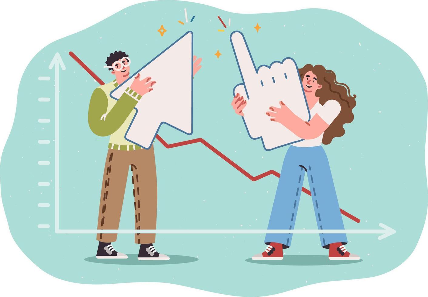 Man and woman marketing analysts stand near graph analyzing number of clicks from contextual ads vector