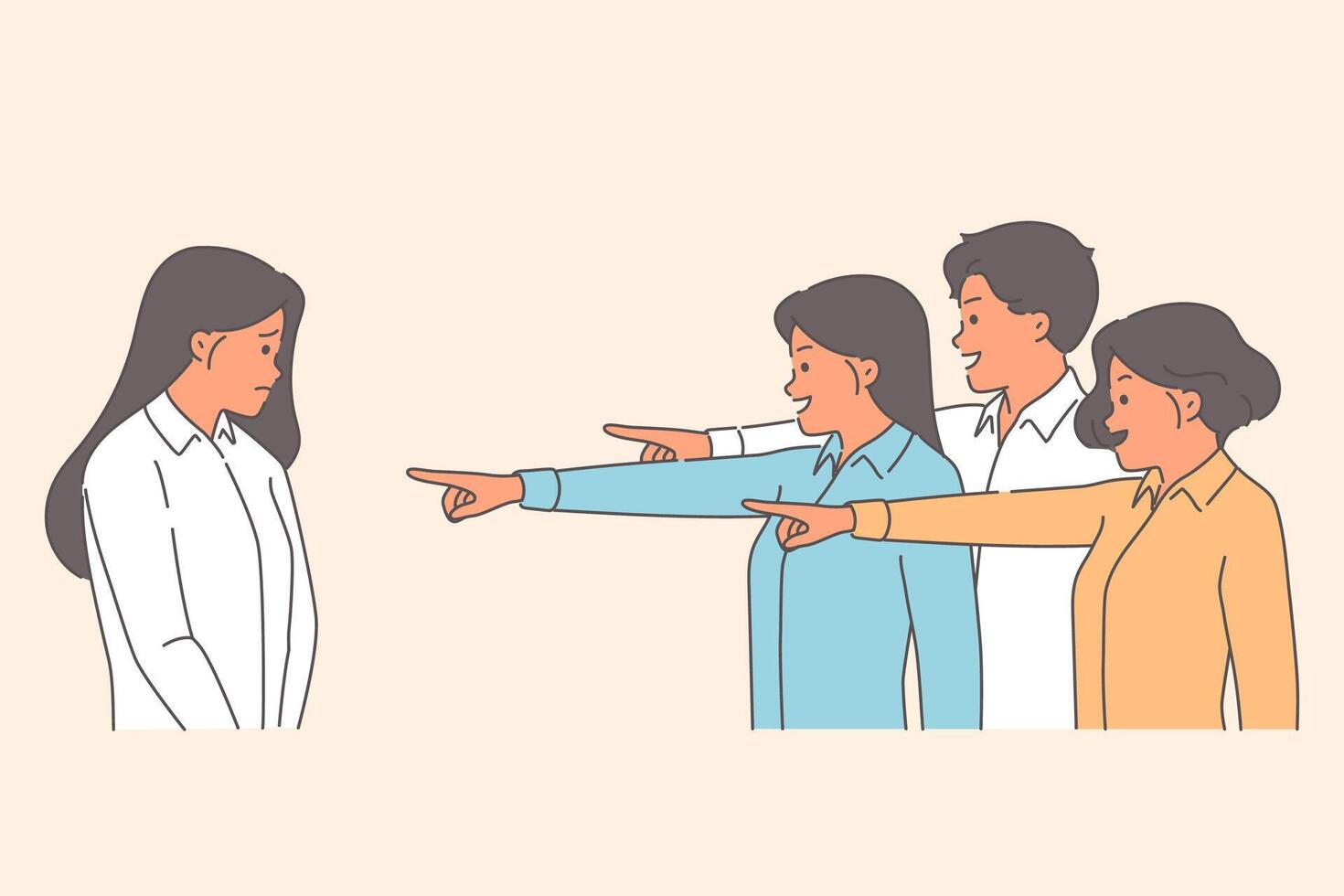 Woman office employee suffers from bullying and ridicule from colleagues pointing finger at girl vector