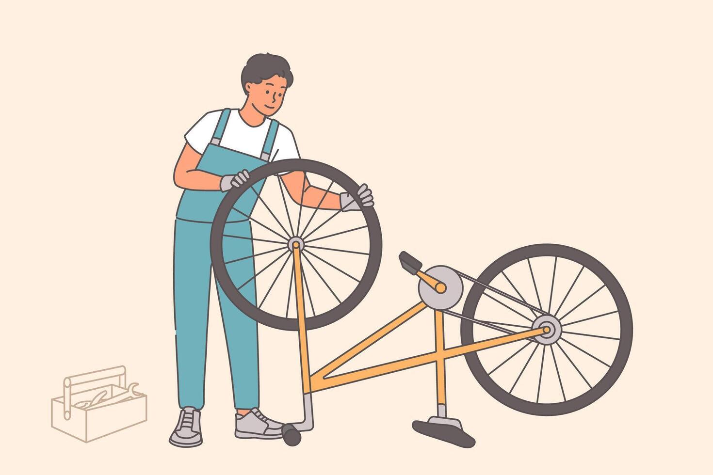Man is bicycle repairman, fixing wheels or assembling cycle from purchased spare parts vector