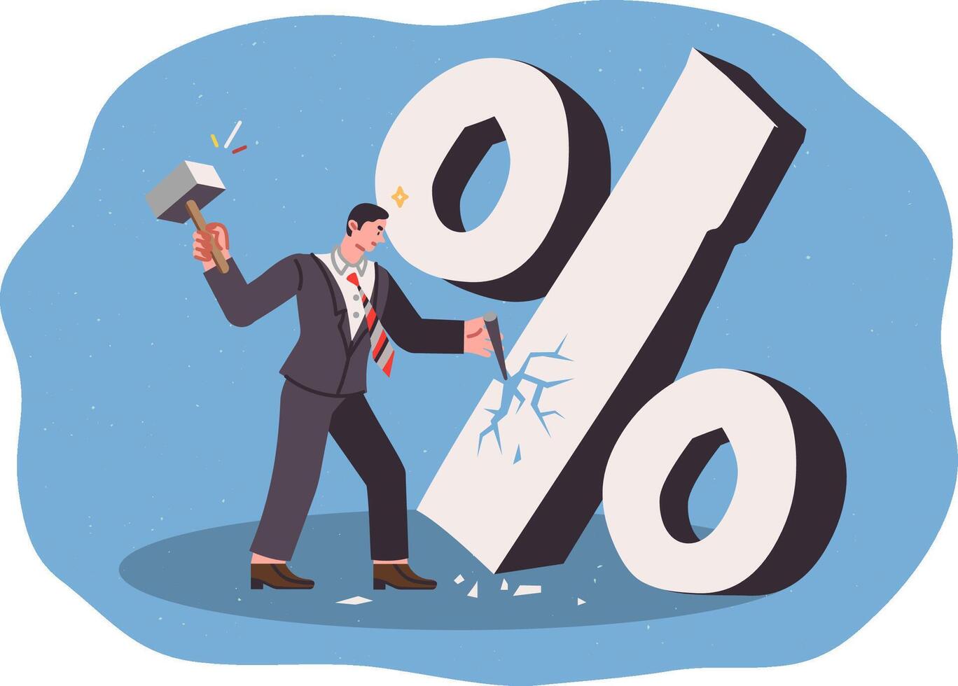 Man refuses loans and pays commissions to banks, uses hammer to break percent sign vector