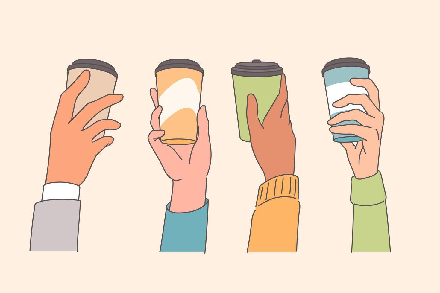 Disposable cups of coffee in hands of people who like to drink hot takeaway drinks while walking vector