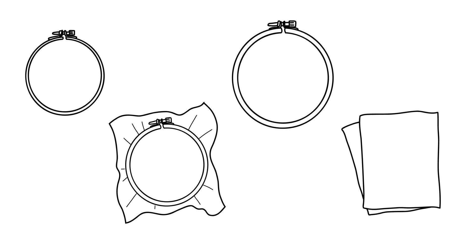 Embroidery Hoop with Canvas, Piece of Cloth or Fabric illustration on a white background. Hand drawn outline Doodle Icon. Perfect for Manual stitching and Needlework Crafting and Sewing Hobby vector
