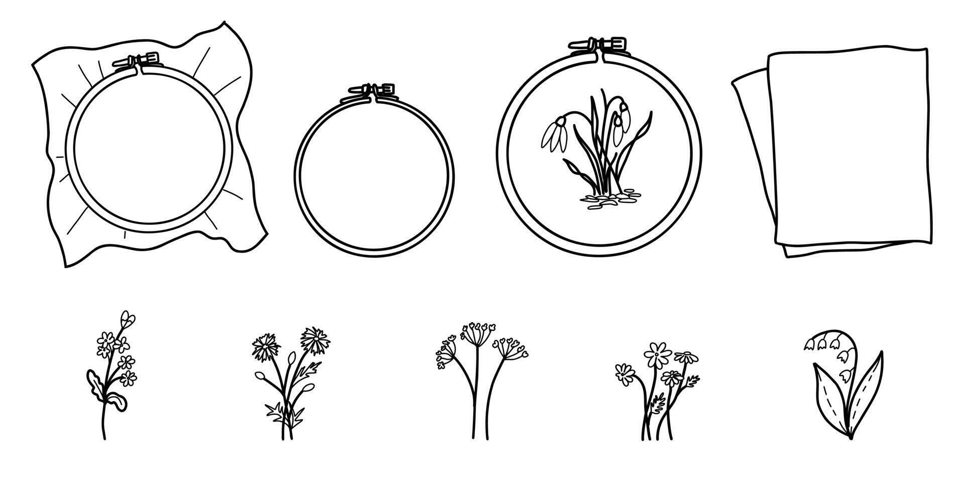 Set of Embroidery Hoop with Canvas, Piece of Cloth or Fabric and stitched Flowers. illustration on a white background. Hand drawn outline Doodle Icons. Perfect for Needlework Crafting and vector