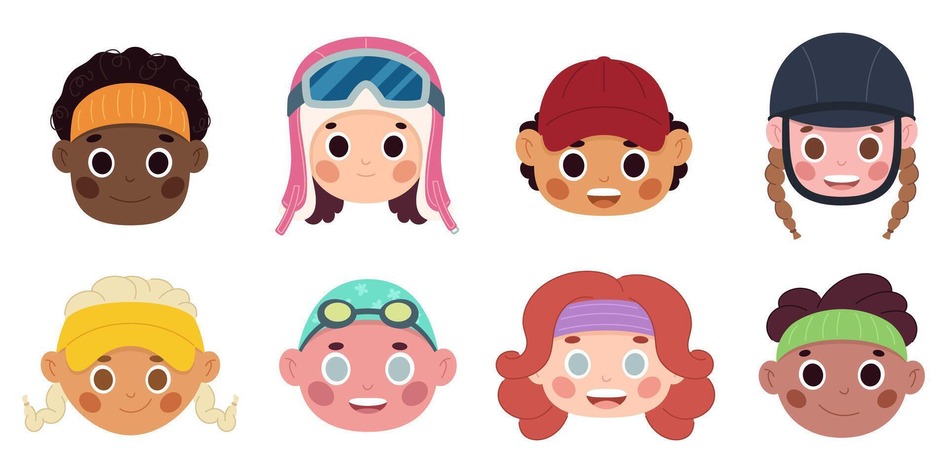 Cartoon portraits of young athletes. Runners, swimmers, baseball players and others vector