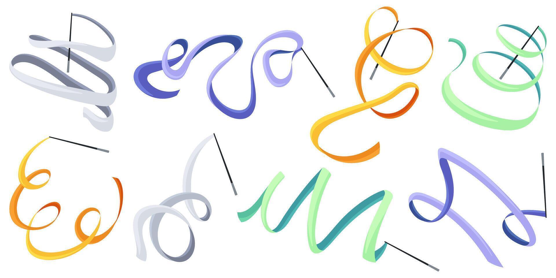 Rhythmic gymnastics ribbon on a stick. Apparatus for floor performance. Sports equipment set vector