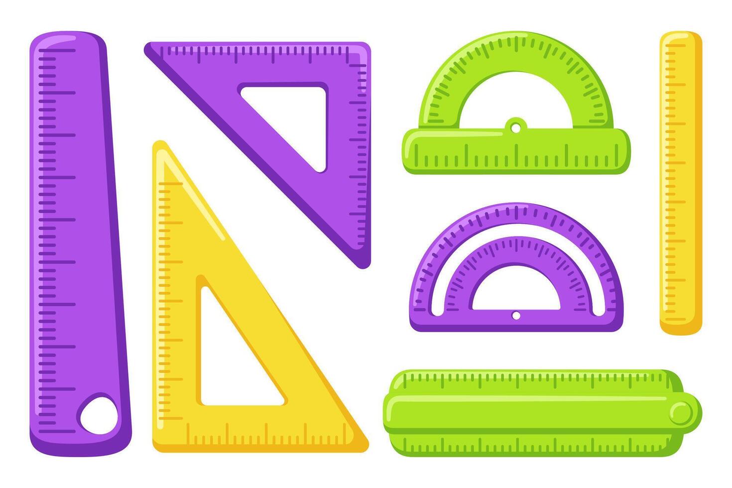 Cute school rulers set. Protractor, triangular and straight ruler for geometry and math lessons. vector