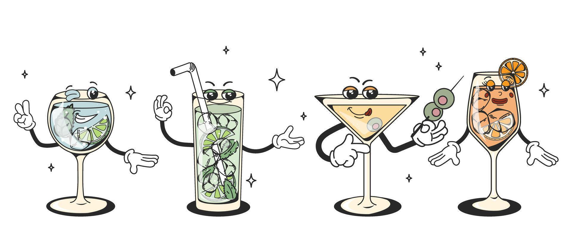 A set of retro cocktails with groove-style characters with different poses and emotions. Gin tonic, aperol spritz, martini, mojito. Vintage design of quirky characters with a modern twist vector