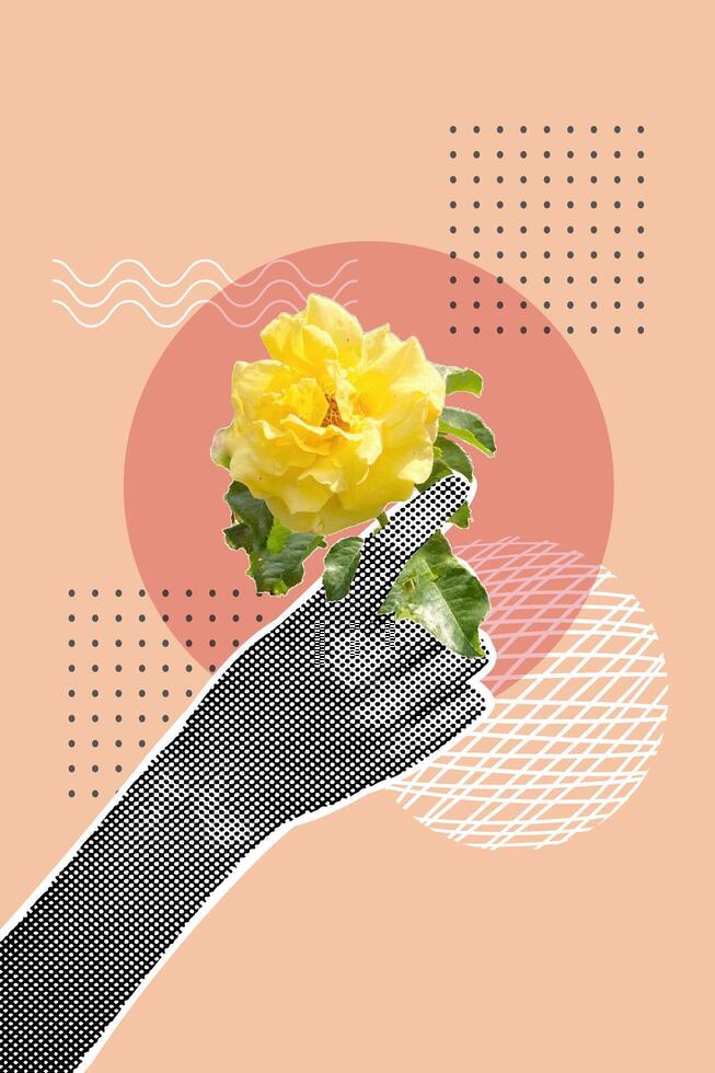 A whimsical halftone collage. The hand is holding a rose. Trendy illustration by Y2k. Template for greeting card, invitation, web banner. illustration vector