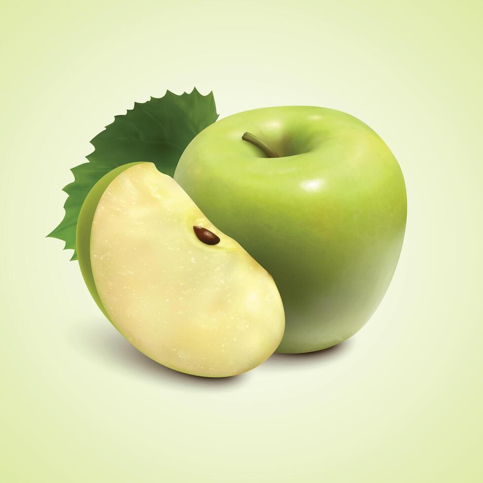 isolated colored green apple half, slice and whole juicy fruit on white background. vector