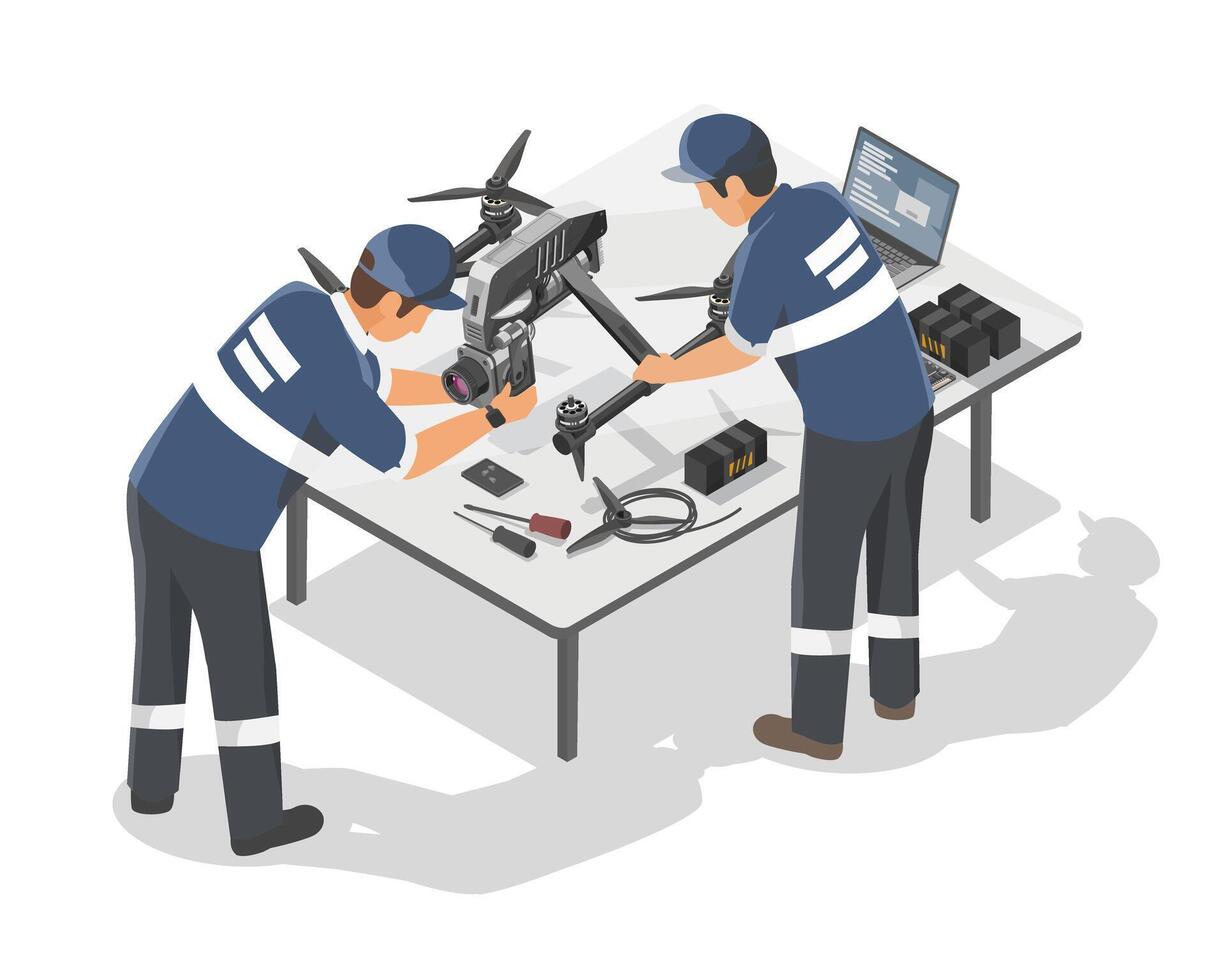 Industrial UAV drone engineer developer for industrial inspaction tecnology isometric isolated vector