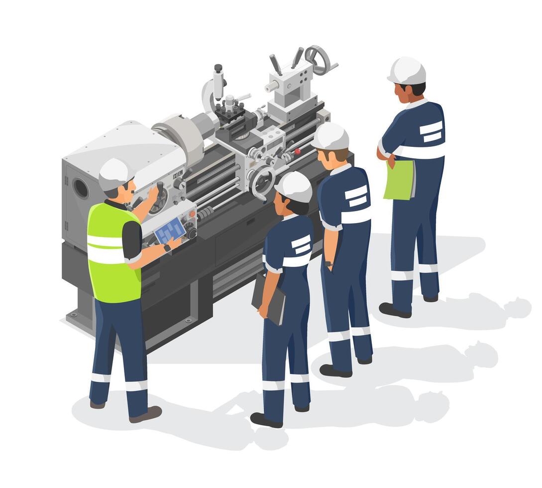 Engineer and Technician work training on Heavy Duty Metal Lathe Machine metalworker industrial experienced operator Maintenance concept isometric industrial machinery labor working white background vector